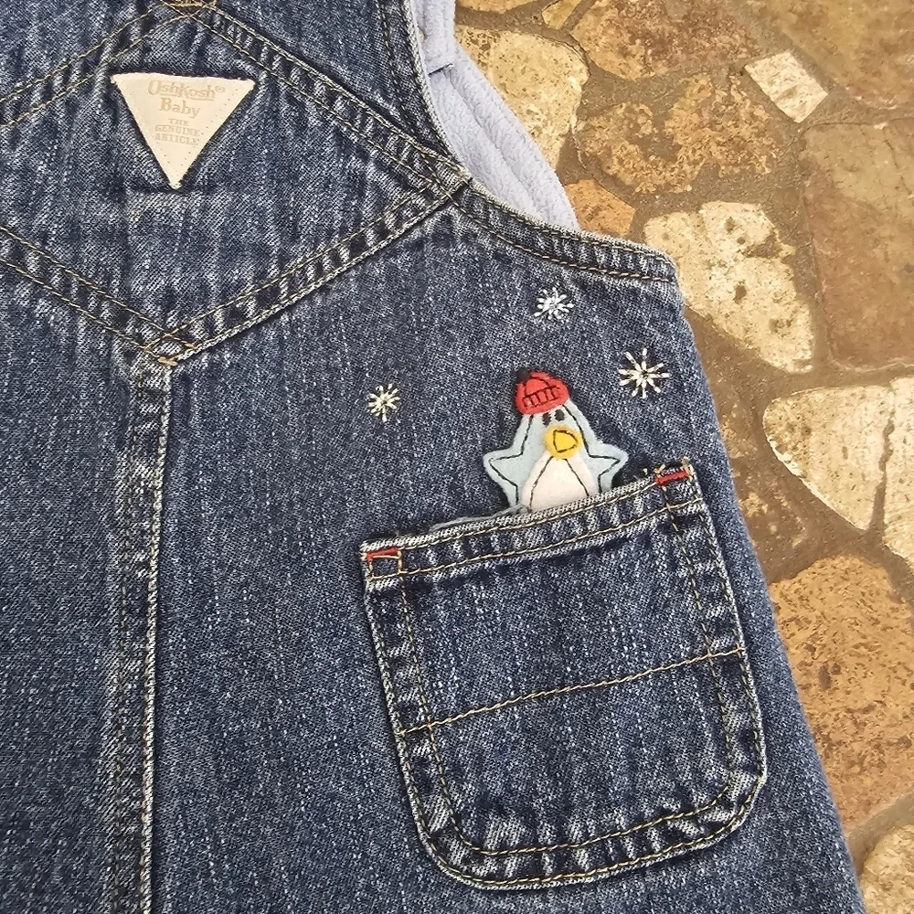 Vintage OshKosh Baby Overalls - Adorable Penguin Sledding Embroidery - Size 6-9